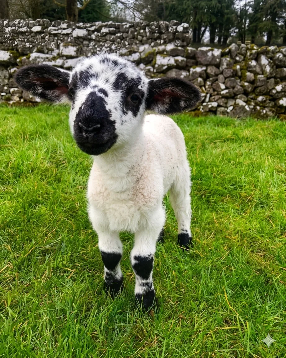 A young white lamb in the fields at Houndswood Farm