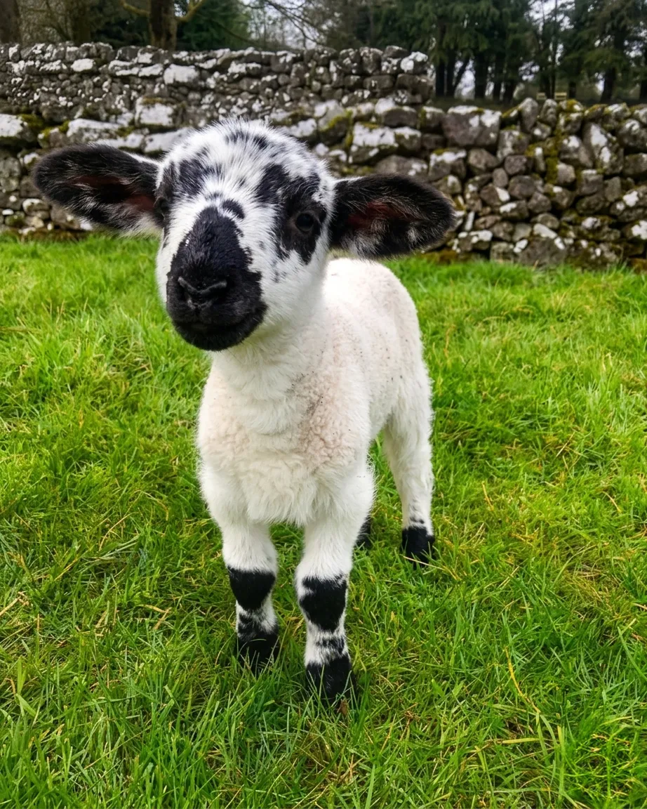 A young white lamb in the fields at Houndswood Farm