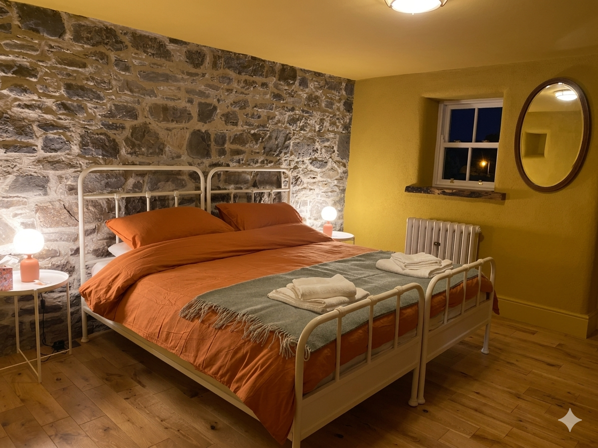 The main bedroom: white linen, timber beams overhead, morning light through a small window