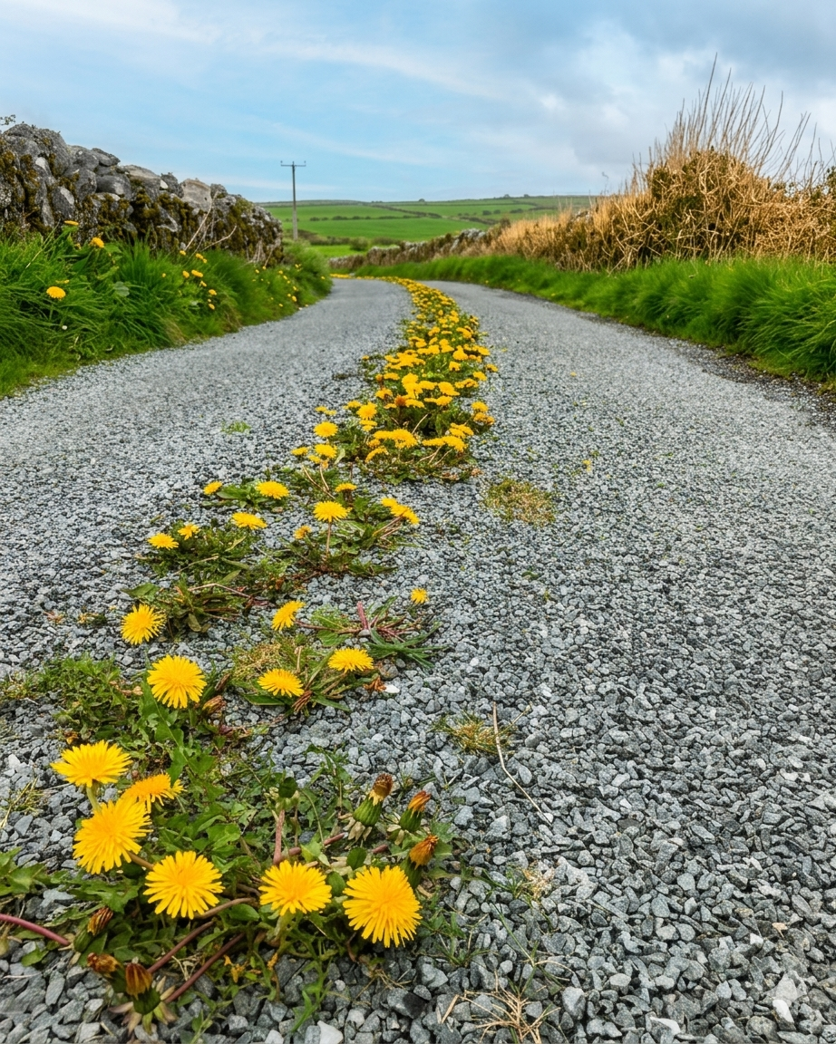 A narrow country lane with yellow wildflowers down the centre, stone walls and open fields beyond
