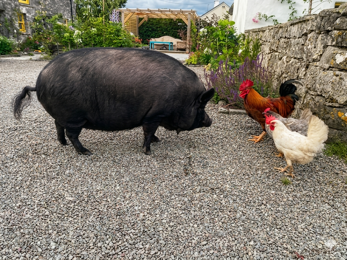 The pig and chickens sharing the farmyard in the afternoon