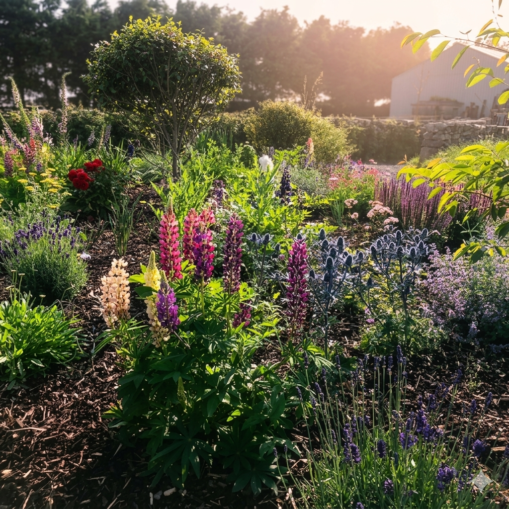 The kitchen garden in spring, beds planted and beginning to grow