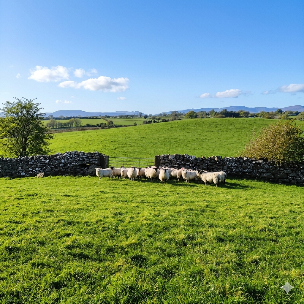 Sheep grazing beside a dry stone wall, hills and open sky behind