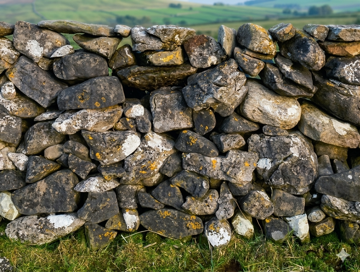 A dry stone wall close up, the boundary of the farm fields